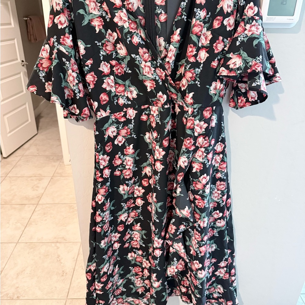 AX Paris Black and Pink Floral Midi Dress NWT